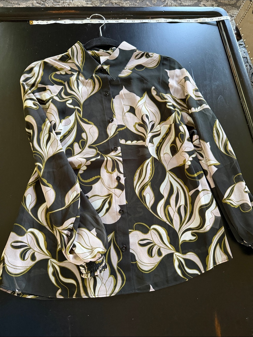 CAbi Olive Green and Black Printed Button Blouse#4615